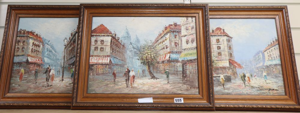 Burnett, three oils on board, Paris scenes, signed, 30 x 40.5cm